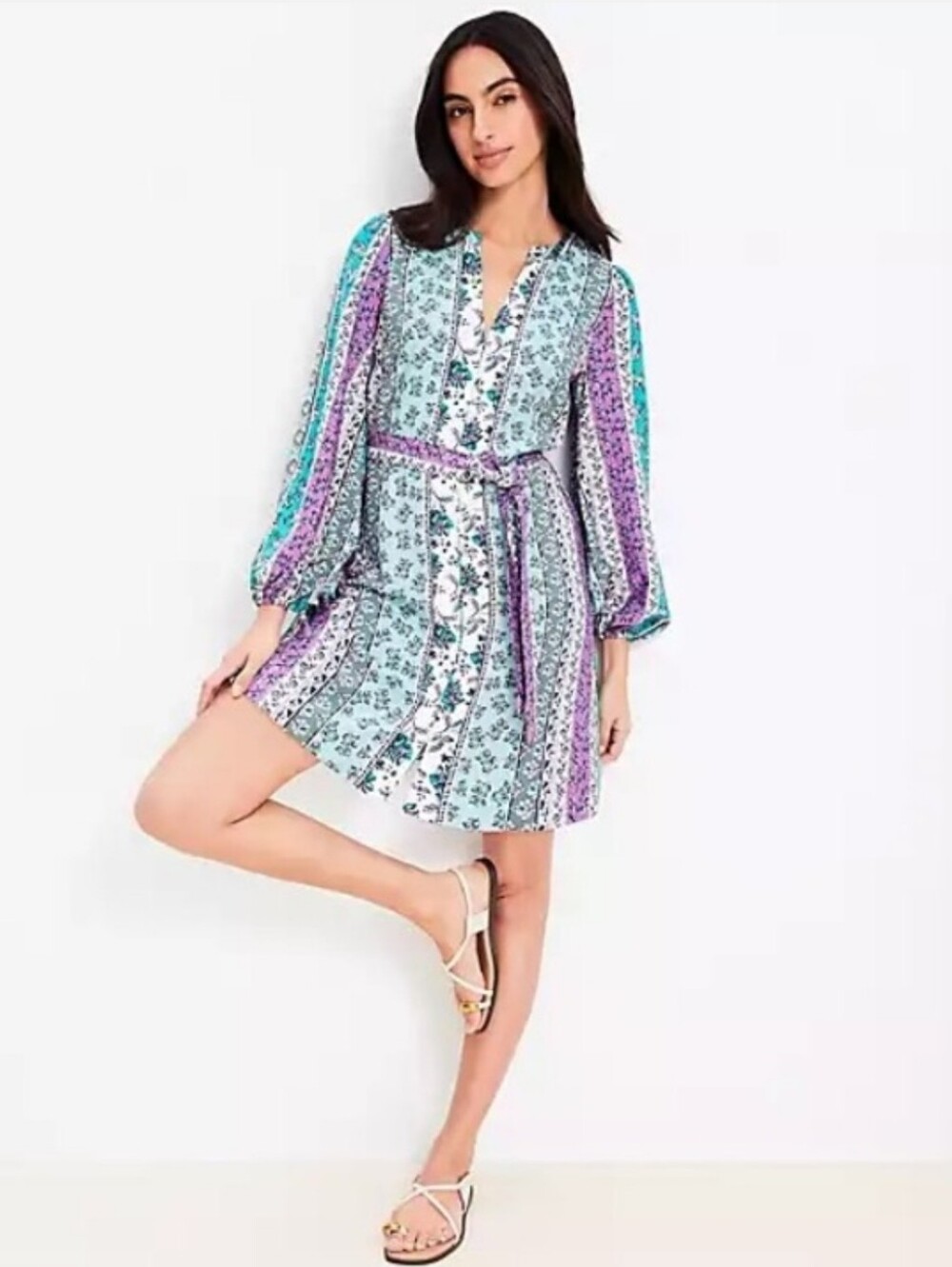 NWOT LOFT Teal and Purple Floral-Stripe Long-Sleeve Mini Dress Size 10p